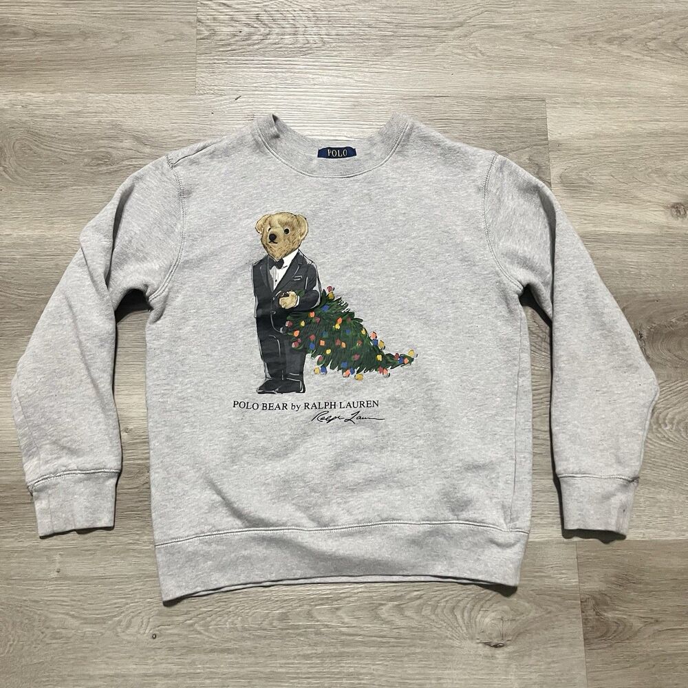 Polo Ralph Lauren Gray Tuxedo Bear Christmas Sweatshirt Youth Boys Size Medium